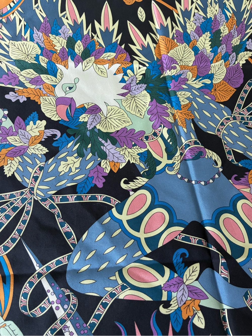 Designer Inspired Whimsical Scarf in Navy and Pastel - Picture 6 of 7